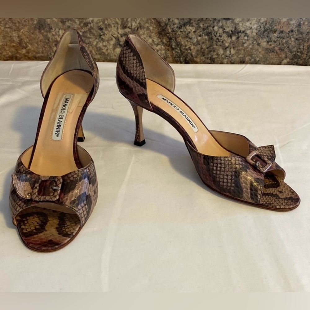 Manolo Blahnik Snakeskin Peep-Toe Heels